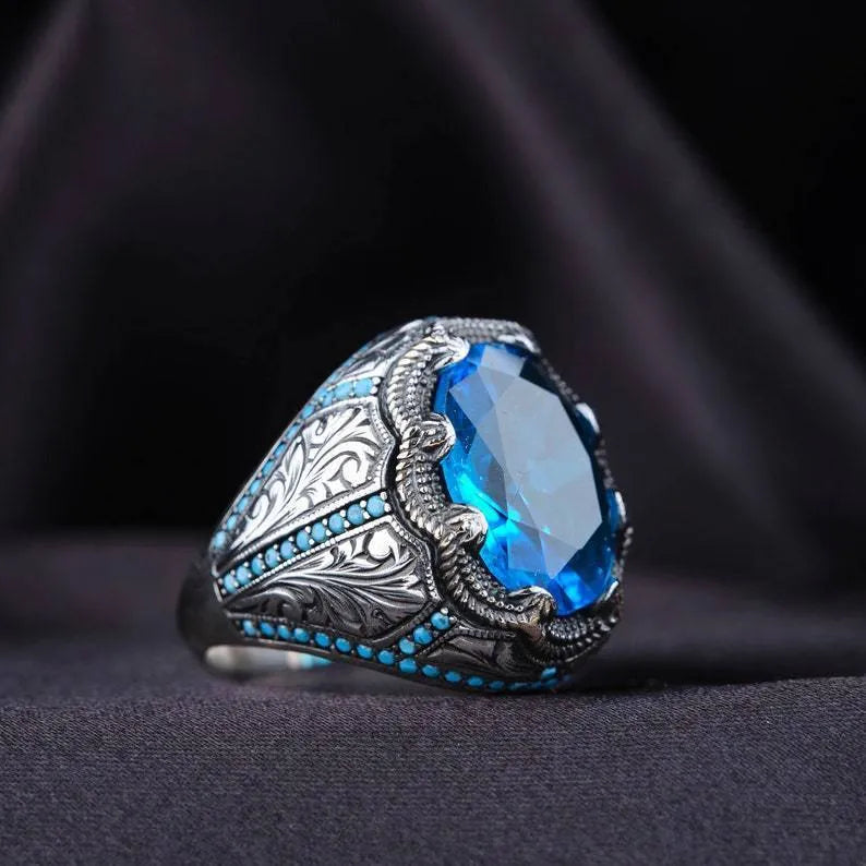 Geometric couple ring with blue zircon stone in antique silver finish