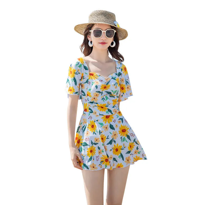 Women's slim dress-style one-piece swimming costume with printed floral pattern