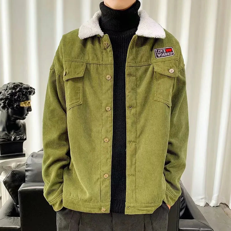 Men's corduroy workwear jacket in khaki colour with size stick pockets and regular sleeves
