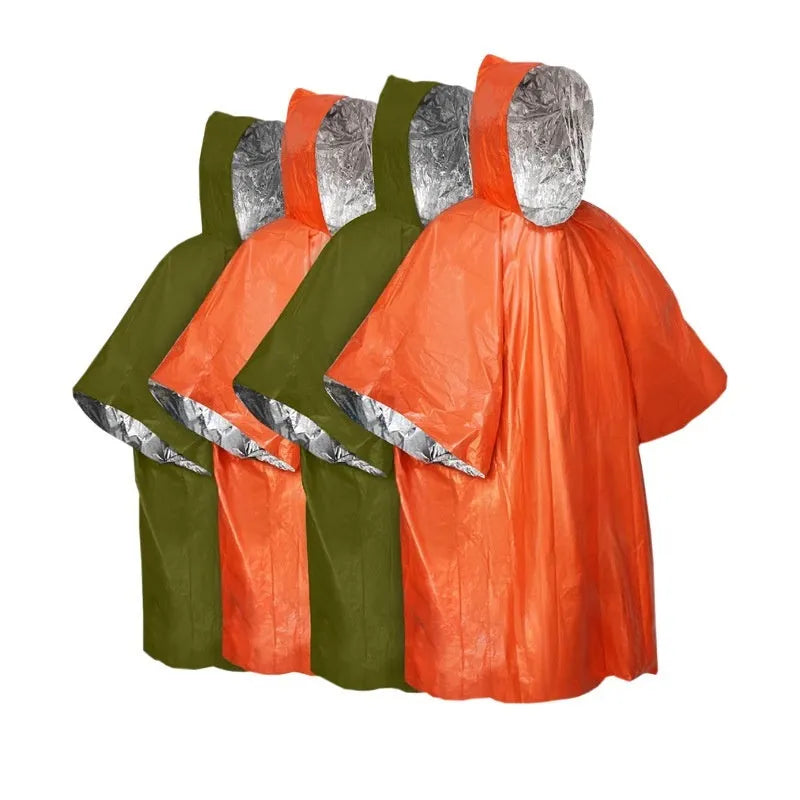 Marathon Wild Cross-country Multifunctional Raincoat in orange or army green colour, showing 100x130cm dimensions and waterproof construction