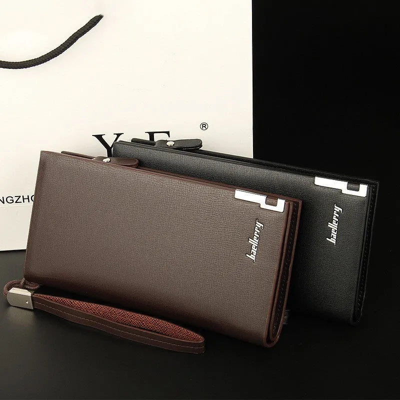 Men's black long zip bifold wallet made from waterproof PU leather, shown closed.