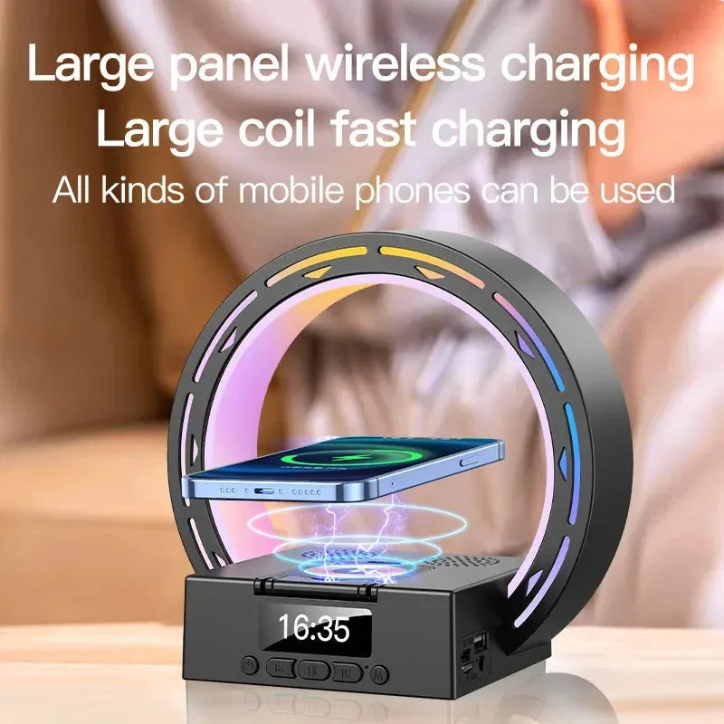 4-in-1 wireless Bluetooth speaker charging pad bedside lamp with digital alarm clock in black or white colour