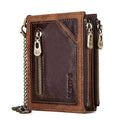Dark brown men's leather wallet with security chain featuring RFID-blocking anti-theft technology