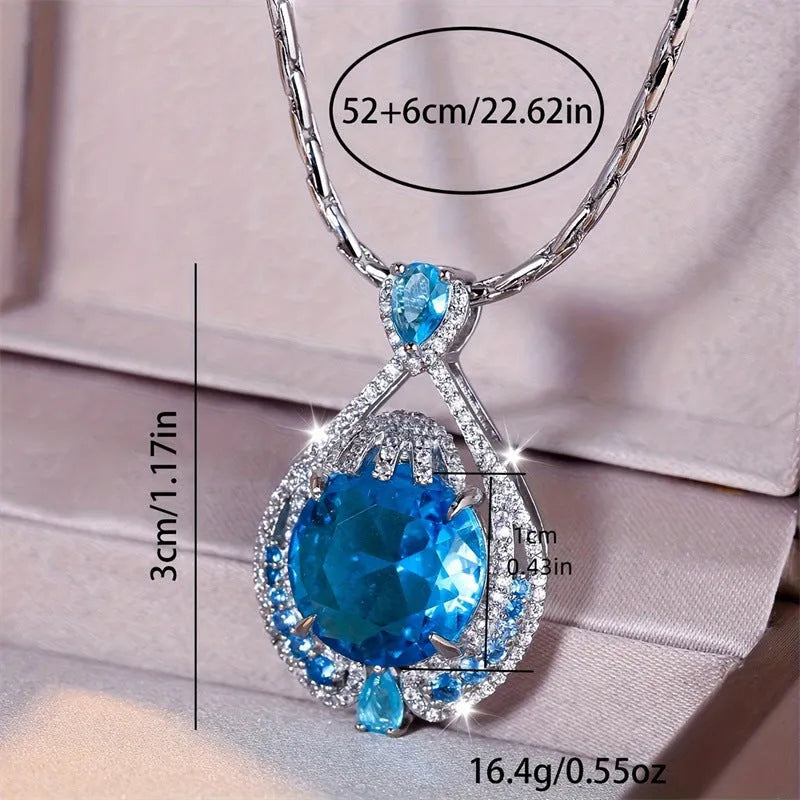 Women's geometric pendant necklace with bright blue fireworks-cut crystal and electroplated water wave chain
