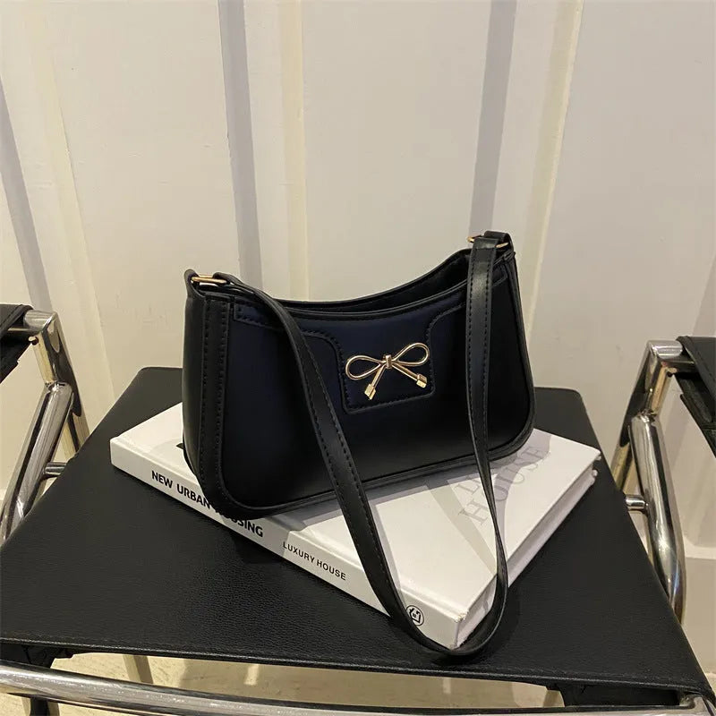 Horizontal square PU leather shoulder bag with a bow decoration, shown in multiple colours.