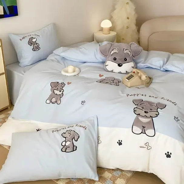 Schnauzer cartoon pattern cotton bedding set with embroidery detailing on quilt cover and pillowcases