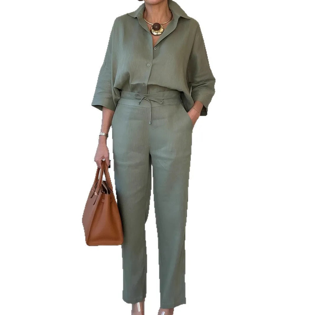 Women's two-piece polo collar shirt and trousers set in solid army green, wine red or orange, sizes S to 3XL
