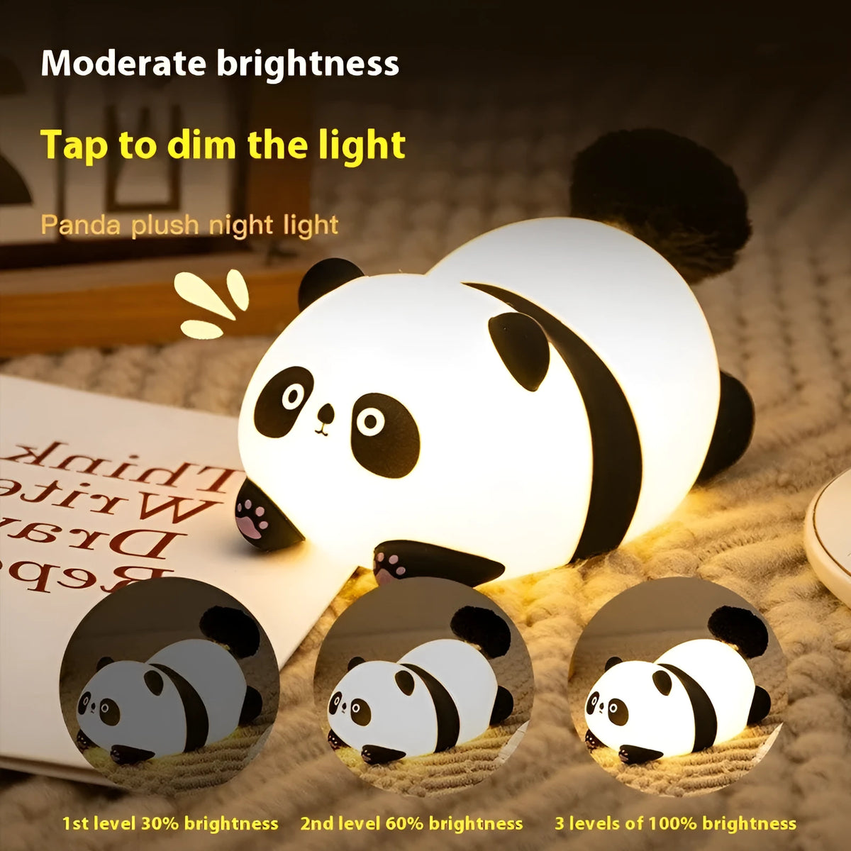 Plush panda night light, 125×80×80mm cartoon desktop ornament with built-in 1200mAh battery