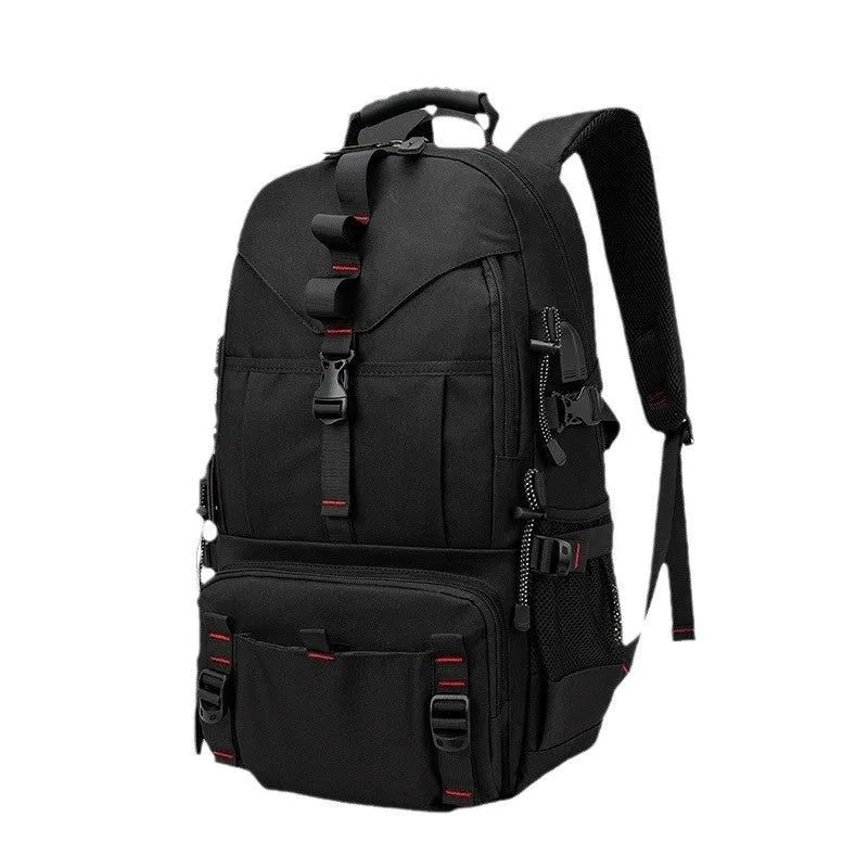 Men's waterproof Oxford cloth hiking backpack with 56-75 litre capacity and air pillow belt system in black colour