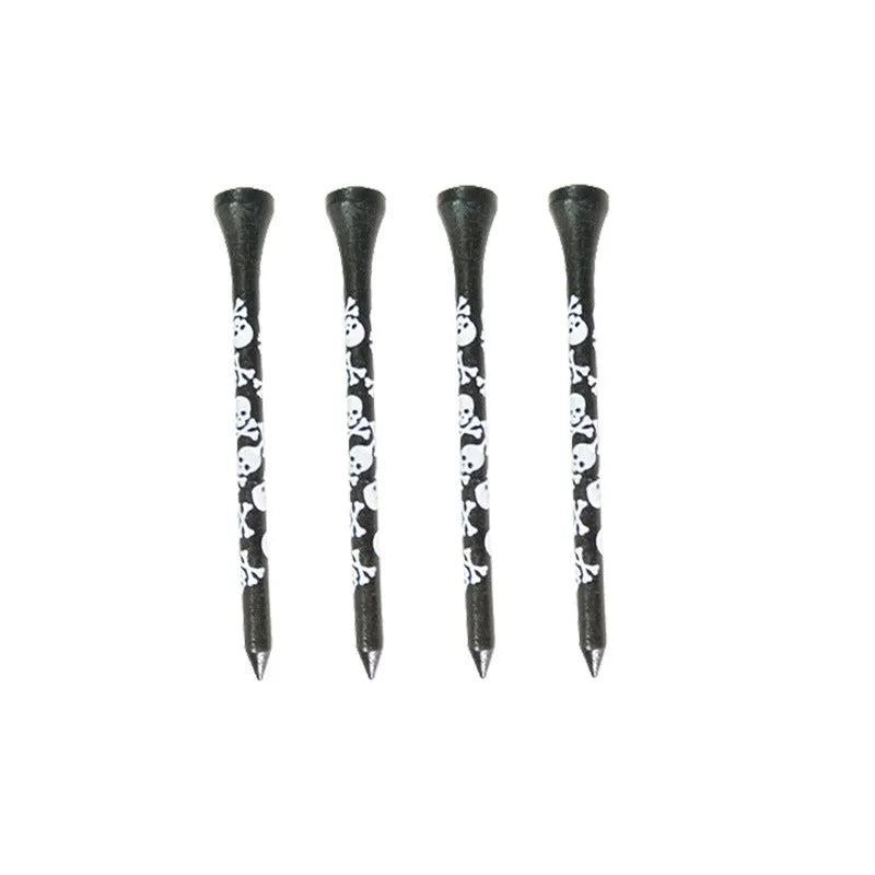 Ten black bamboo golf spike dowel pins with skull print, shown in 70mm and 83mm lengths.