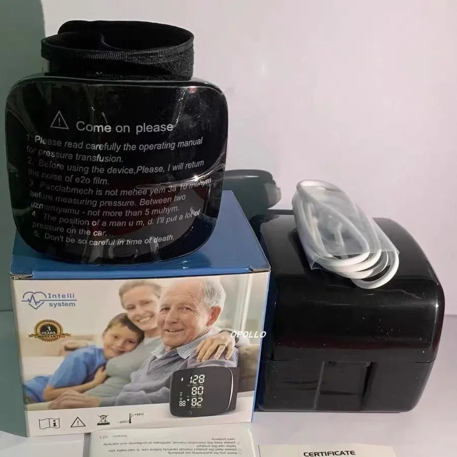 Black wrist blood pressure monitor with USB charging port and multiple voice language options