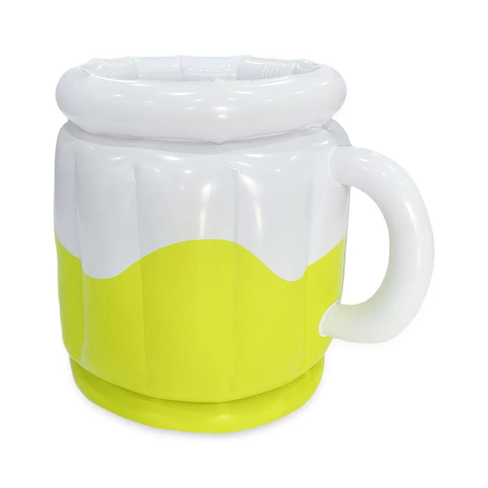 Yellow inflatable PVC ice bucket for beer steins, showing 30cm height and 25cm diameter when inflated