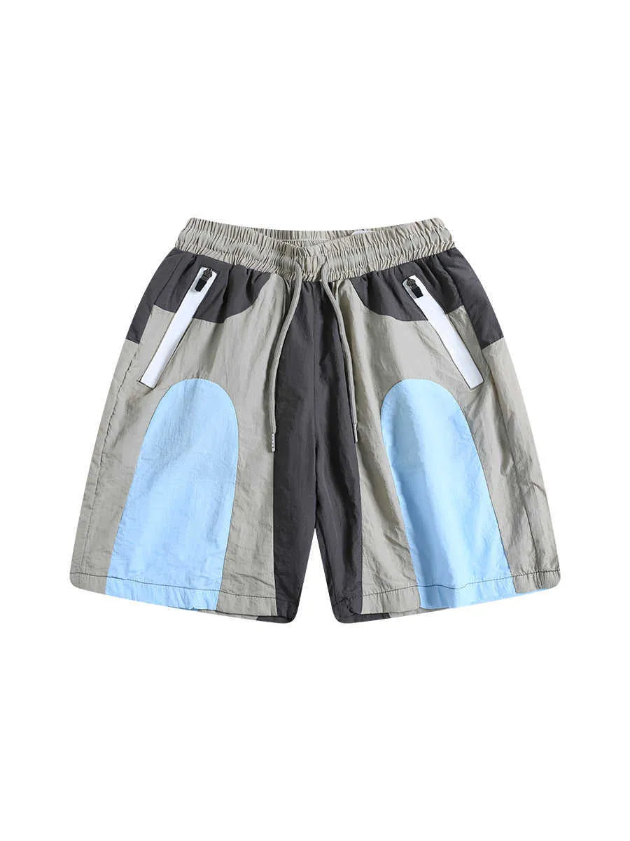 Blue patchwork outdoor sports shorts with quick-drying fabric and loose straight-leg fit