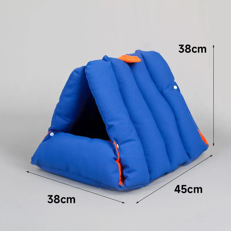 Blue triangular sofa-style cat nest with connectable sides and removable cotton cover