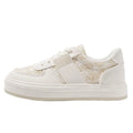 Beige plaid platform leisure sports shoes with round toe and lace-up front on a rubber sole.