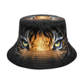 Medium-sized khaki tiger pattern bucket hat with a dome crown on a neutral background.