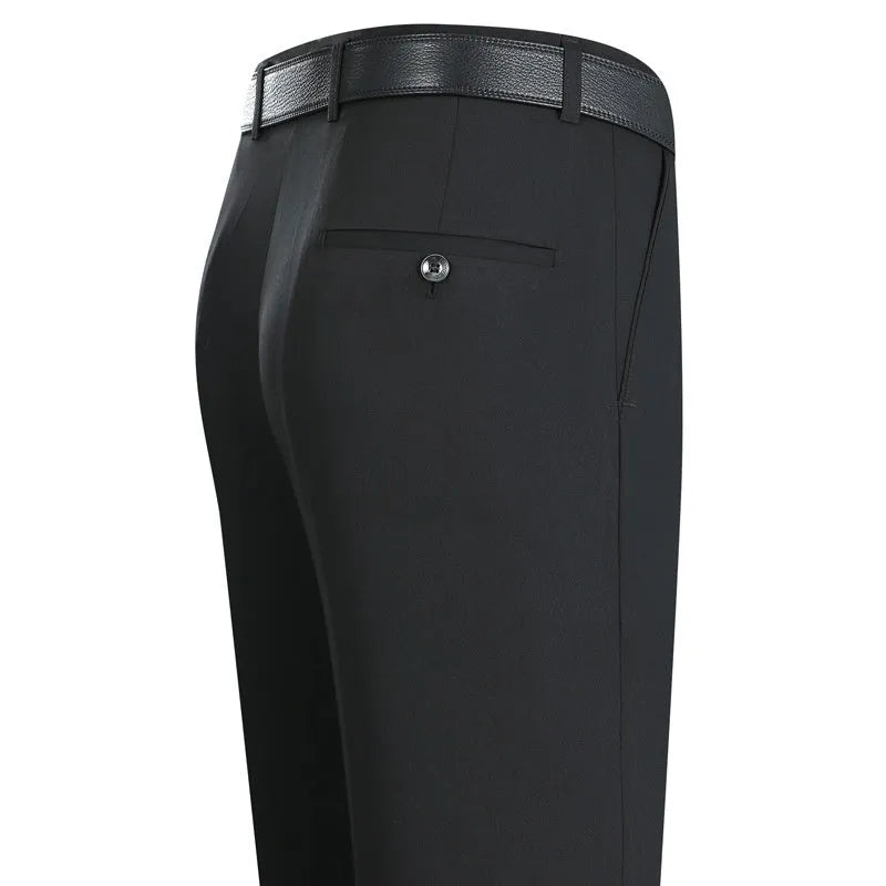 Men's straight-leg mulberry silk trousers in dark blue with high waist and non-iron fabric for business