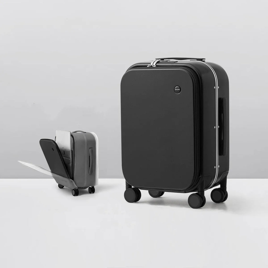 Front opening 20 inch PC hard shell suitcase with aluminium frame and universal wheels in black