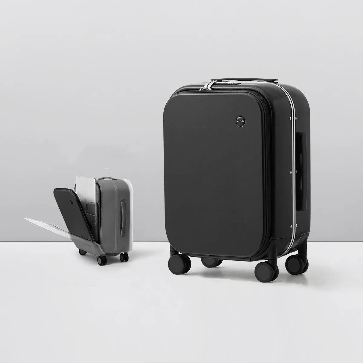 Front opening 20 inch PC hard shell suitcase with aluminium frame and universal wheels in black