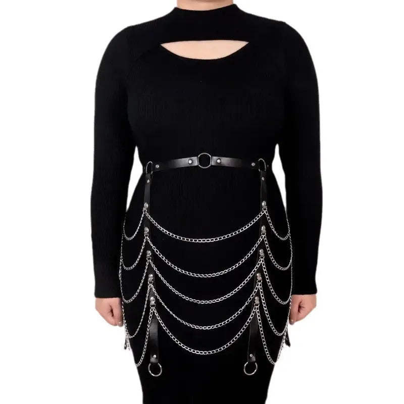 Black PU leather waist chain with adjustable bandage binding and buckle detail.