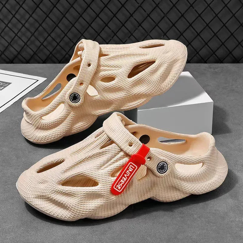 Grey closed toe EVA coconut slippers for beach wear on a sandy background