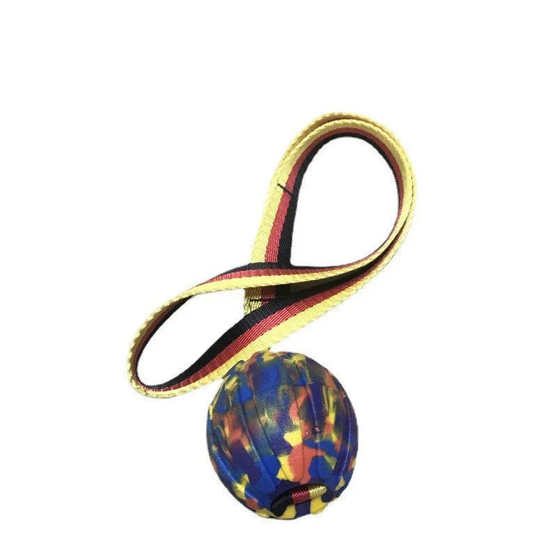Floating EVA pet training ball in camouflage colour with 7cm diameter measurement shown