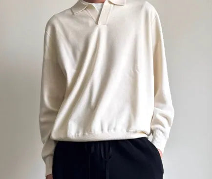Old Money style pure wool polo sweater with lapel collar in milky white, loose fit long sleeves