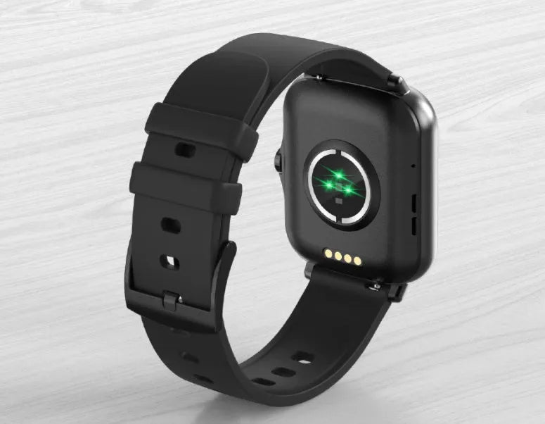 Smart watch with 1.7-inch blue touch screen on adjustable strap, showing heart rate and time display