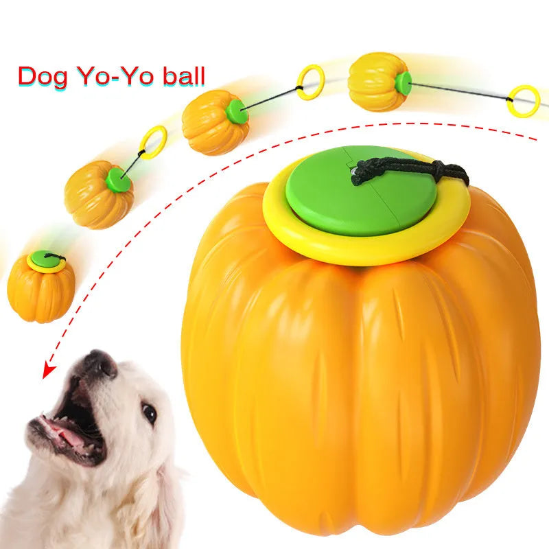 Green, orange, and yellow pumpkin-shaped dog ball toy with squeaker for small breeds, measuring 69x68x68mm