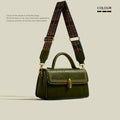Brown retro messenger bag with square vertical shape, sandwich pocket, and internal phone compartment, measuring 23cm by 8cm by 12.5cm
