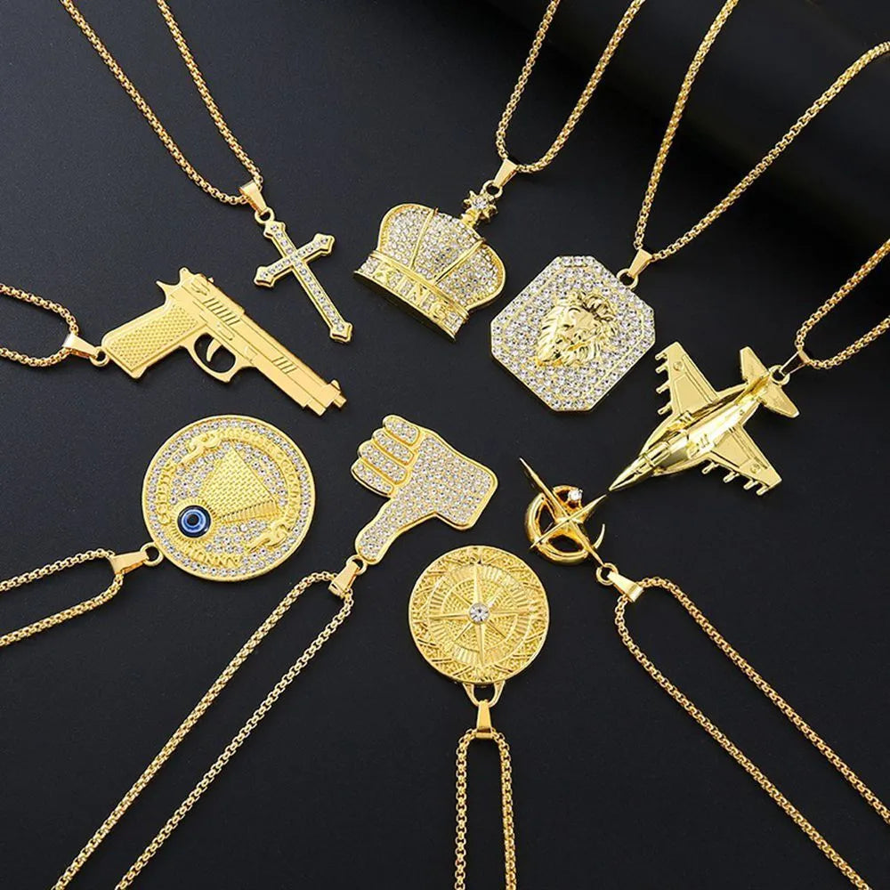 Geometric alloy pendant necklace with zircon stones in gold tone finish, showing personality style design