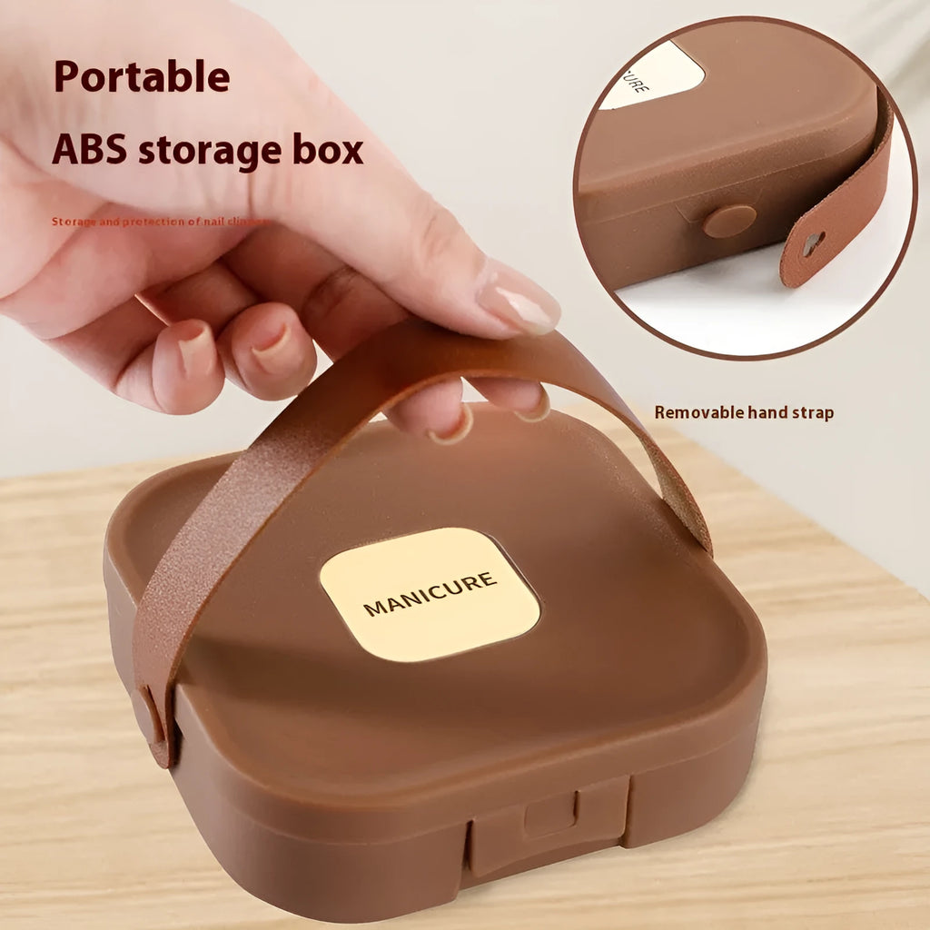Anti-splash portable plastic case open to show stainless steel nail grooming tools in brown, white, and green.