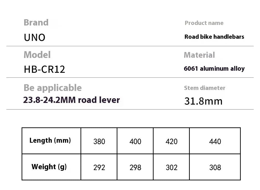 Black aluminium road bike drop handlebar with small bent shape and UNO printing marks