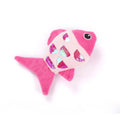 Two fish-shaped catnip plush toys with crinkle paper sound layer in blue, orange, and pink colour options