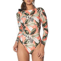 Women's backless one-piece swimsuit with floral leaf pattern, showing front and back views