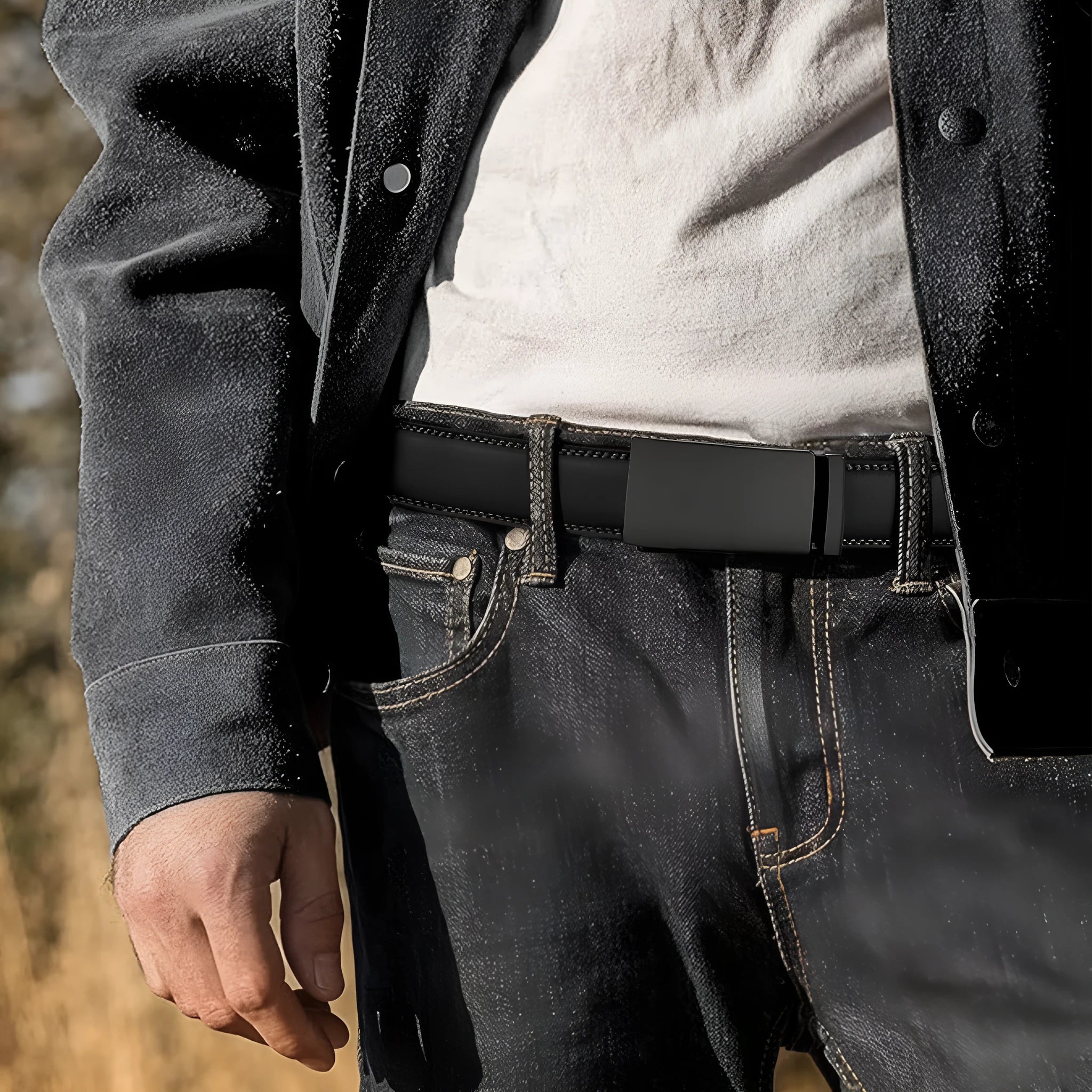 Men's PU leather belt with an automatic alloy buckle in an embossed finish.
