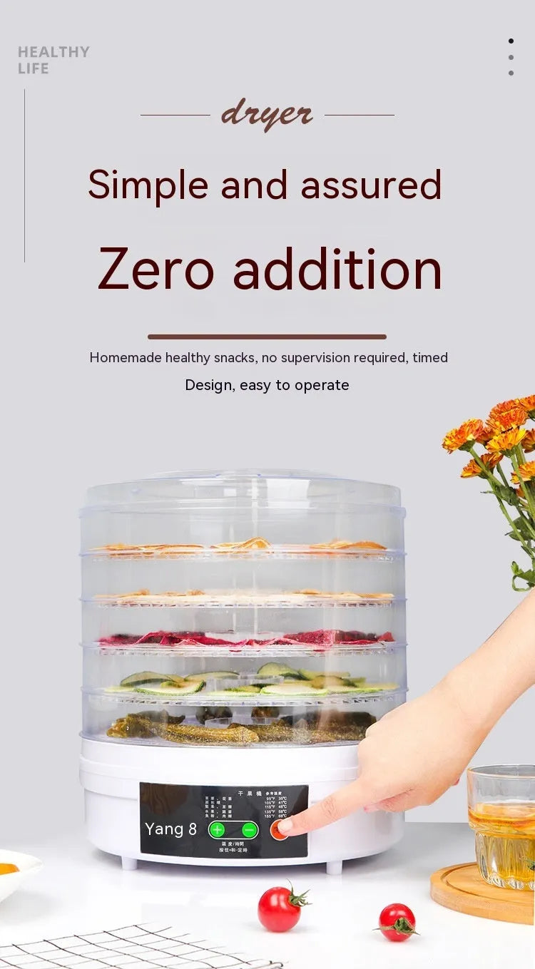 Five-layer food dehydrator with mesh drying trays and temperature control dial for home food preservation