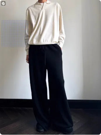 Old Money style pure wool polo sweater with lapel collar in milky white, loose fit long sleeves