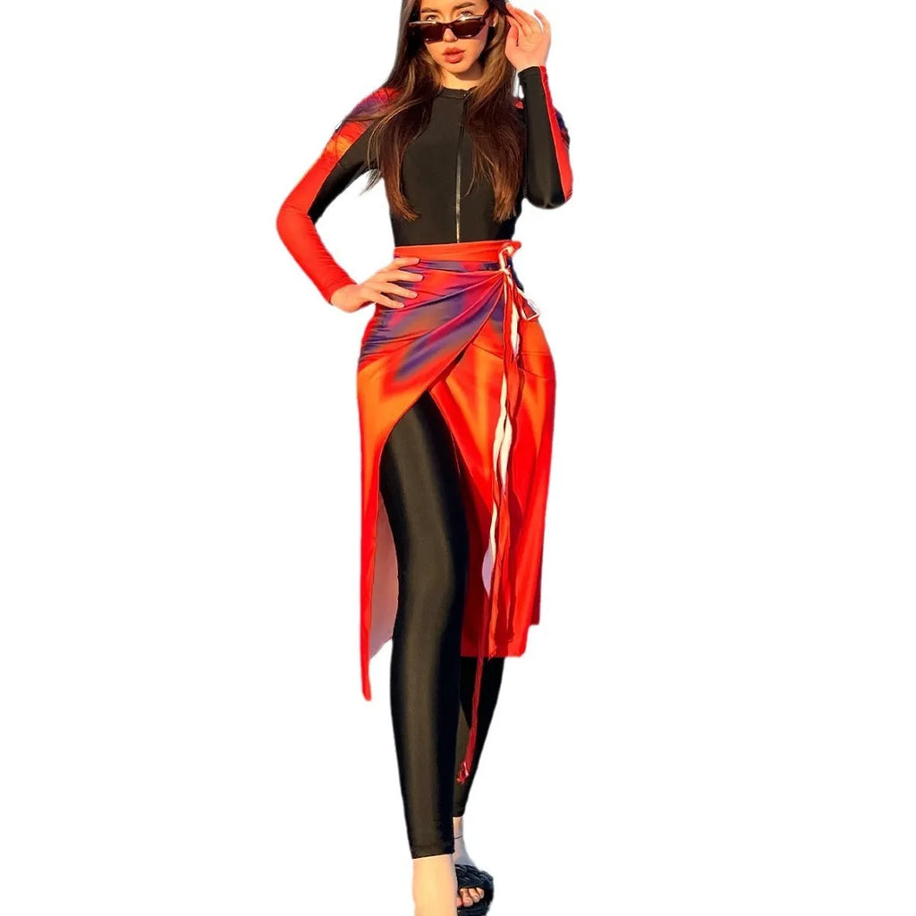 Women's conservative three-piece polyester beach swimsuit set in solid colour