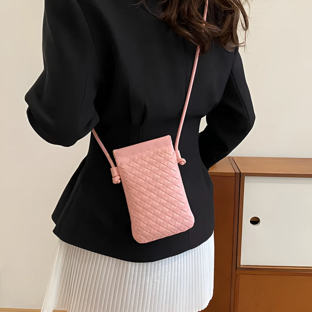Vintage weave crossbody phone bag in vertical square shape with card slot, shown in multiple colour options