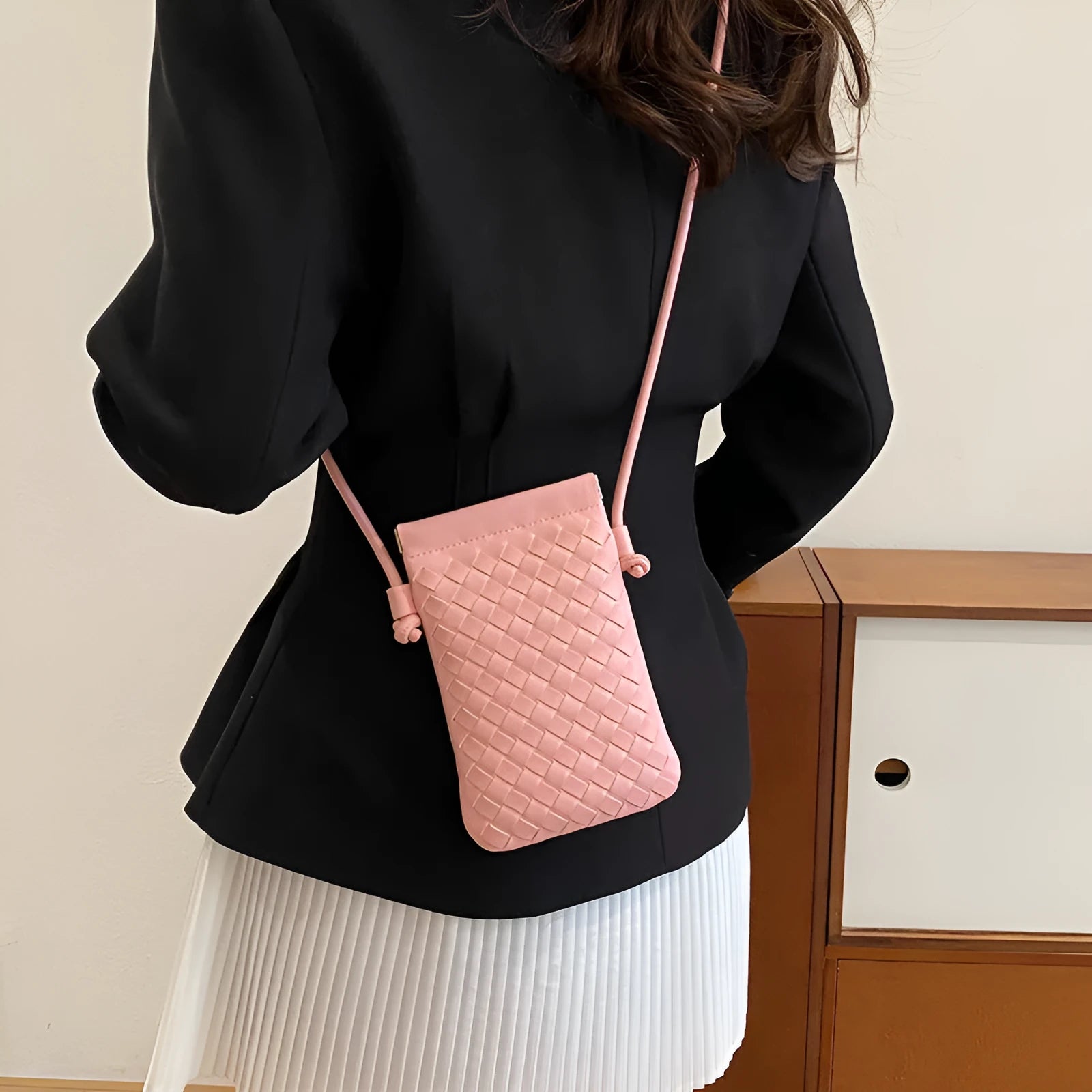 Vintage weave crossbody phone bag in vertical square shape with card slot, shown in multiple colour options