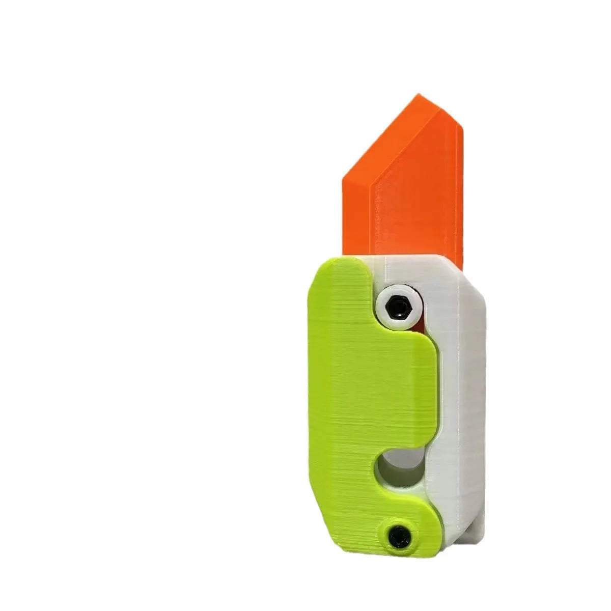 3D printed orange and green carrot-shaped gravity flick knife fidget toy on a white background.