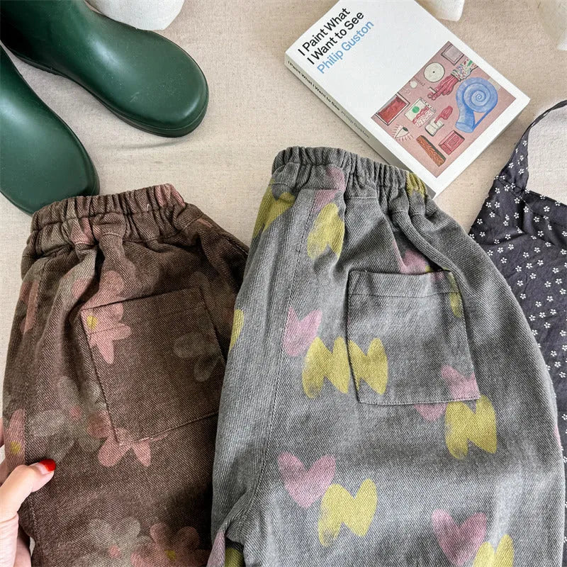 Pure cotton children's casual pants in grey or brown with high waist and hair band belt, sizes 80cm to 130cm