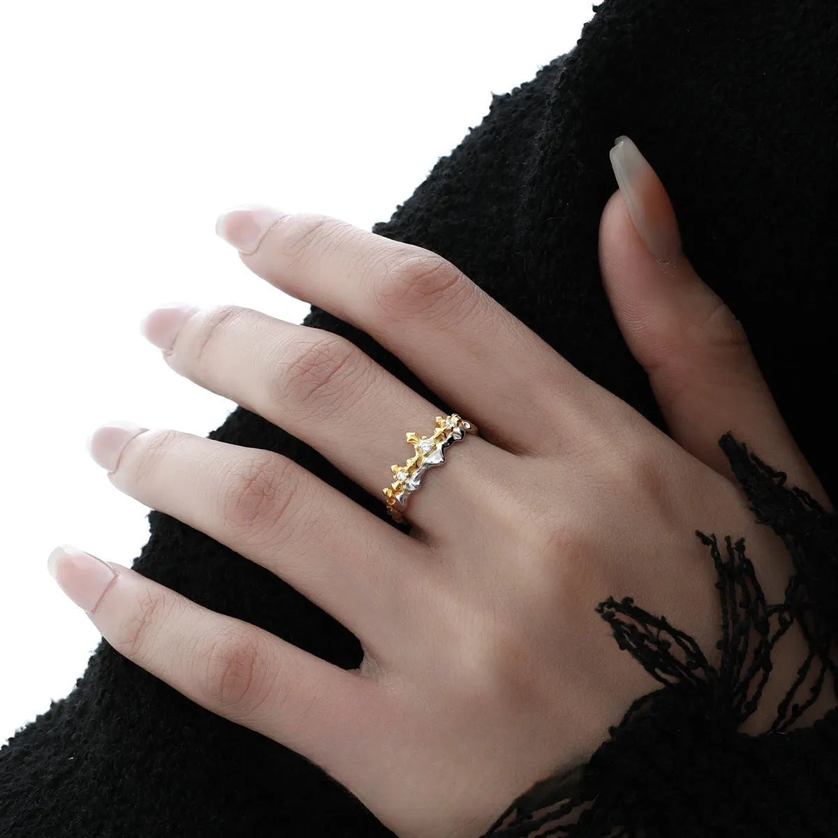 Adjustable opening silver couple ring with electroplated white gold or black gold finish, showing original design