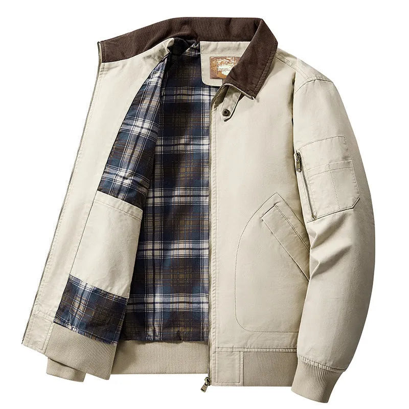 Men's beige washed cotton baseball-style flight jacket shown on a hanger.