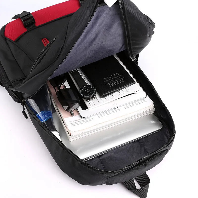 Waterproof nylon schoolbag for high school students with airpillow straps, shown in black, red, blue, and grey colour options.