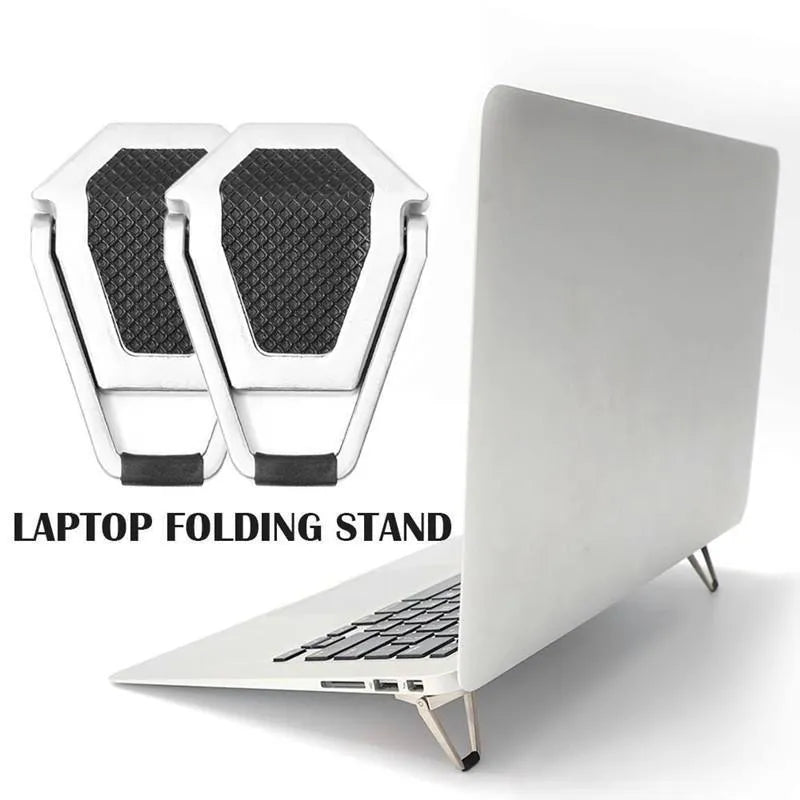 Compact aluminium alloy computer bracket folded to 4.8cm with adhesive backing for laptop support