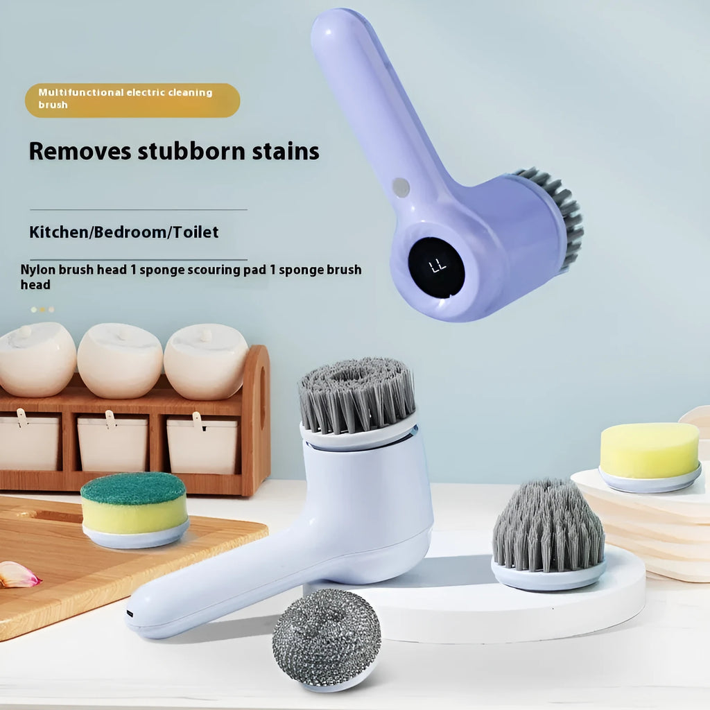 USB electric cleaning brush in light grey or purple with interchangeable cleaning heads for kitchen and household surfaces