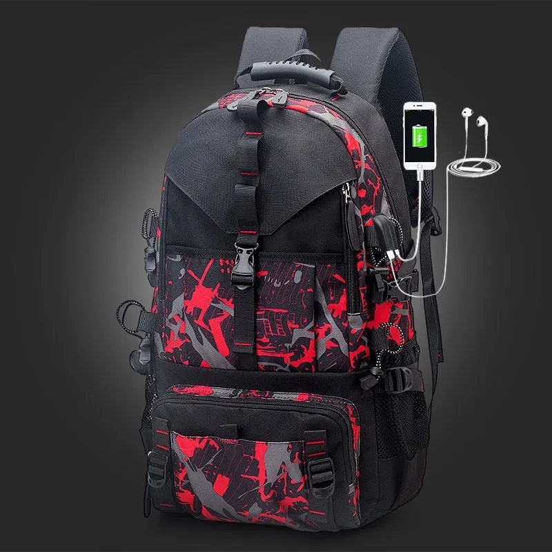 Men's waterproof Oxford cloth hiking backpack with 56-75 litre capacity and air pillow belt system in black colour