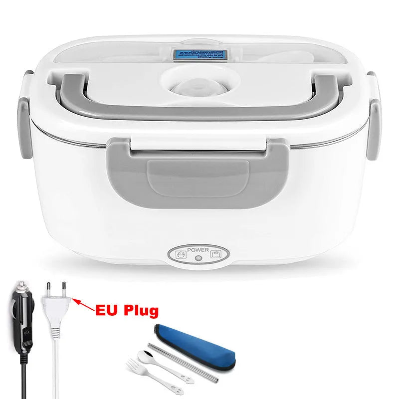 Grey dual-purpose electric lunch box with 1.1-1.2 litre capacity and 40W power for home and car use